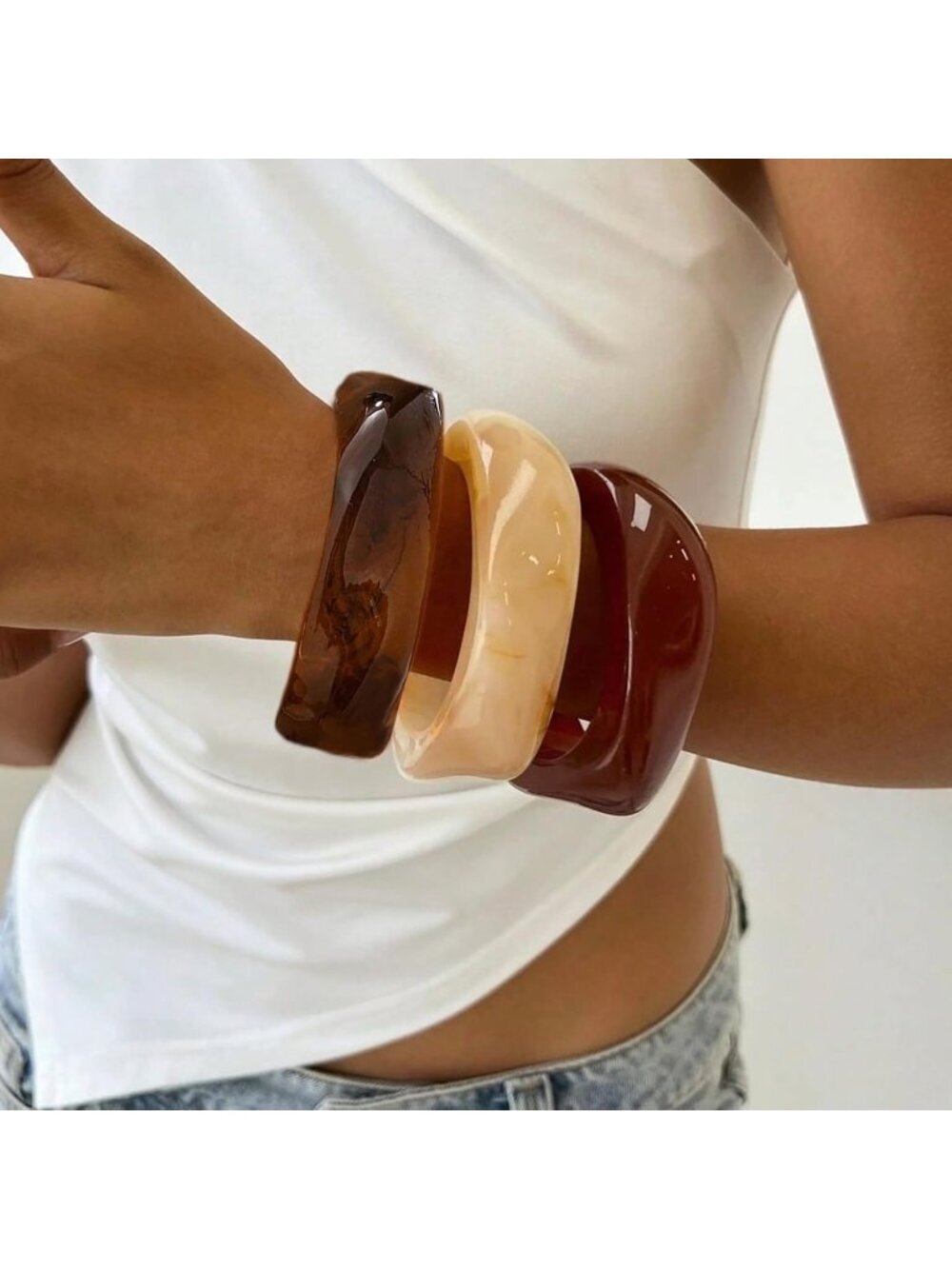 Women's Brown Chunky Resin Acrylic Geometric Bangle Bracelets Stackable Jewelry - Picture 6 of 7